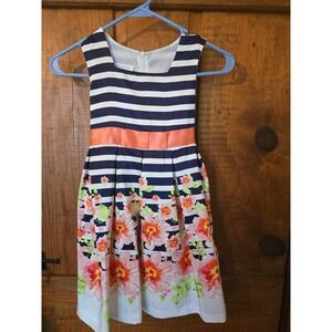 BONNIE JEAN Girls Navy White Striped Floral Dress Coral Bow Size 6X
